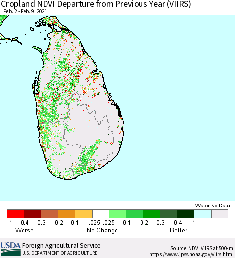 Sri Lanka Cropland NDVI Departure from Previous Year (VIIRS) Thematic Map For 2/1/2021 - 2/10/2021