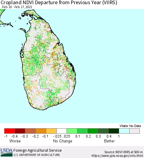 Sri Lanka Cropland NDVI Departure from Previous Year (VIIRS) Thematic Map For 2/11/2021 - 2/20/2021