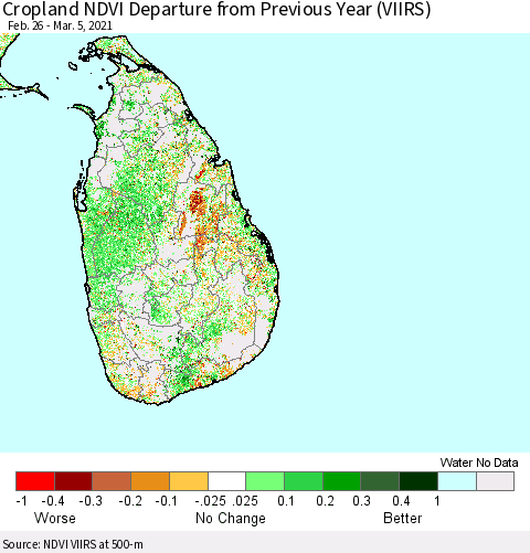 Sri Lanka Cropland NDVI Departure from Previous Year (VIIRS) Thematic Map For 2/26/2021 - 3/5/2021