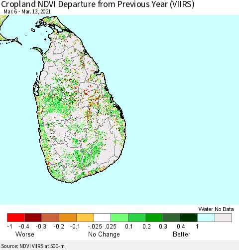 Sri Lanka Cropland NDVI Departure from Previous Year (VIIRS) Thematic Map For 3/6/2021 - 3/13/2021