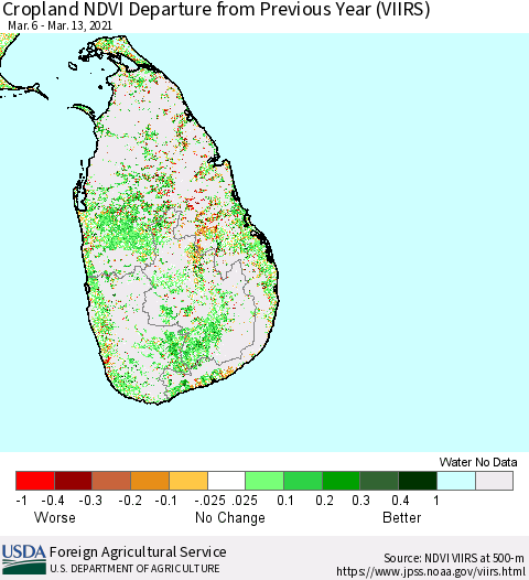 Sri Lanka Cropland NDVI Departure from Previous Year (VIIRS) Thematic Map For 3/11/2021 - 3/20/2021