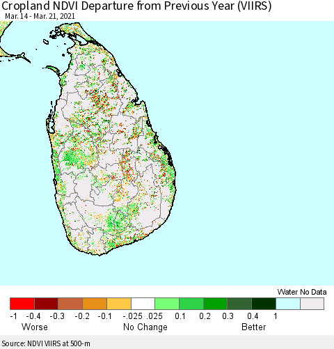 Sri Lanka Cropland NDVI Departure from Previous Year (VIIRS) Thematic Map For 3/14/2021 - 3/21/2021