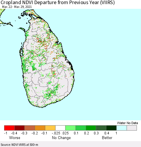 Sri Lanka Cropland NDVI Departure from Previous Year (VIIRS) Thematic Map For 3/22/2021 - 3/29/2021