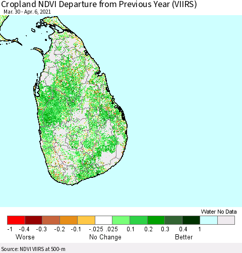 Sri Lanka Cropland NDVI Departure from Previous Year (VIIRS) Thematic Map For 3/30/2021 - 4/6/2021