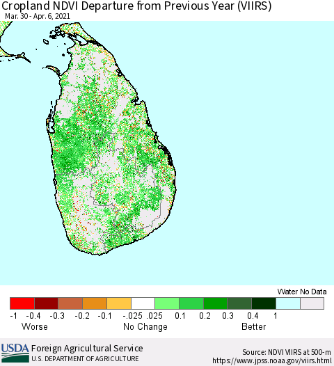 Sri Lanka Cropland NDVI Departure from Previous Year (VIIRS) Thematic Map For 4/1/2021 - 4/10/2021
