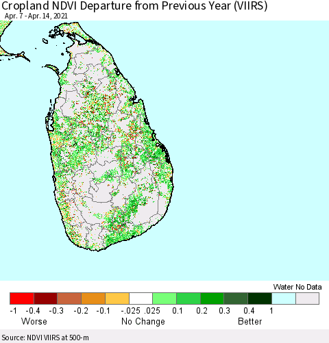 Sri Lanka Cropland NDVI Departure from Previous Year (VIIRS) Thematic Map For 4/7/2021 - 4/14/2021