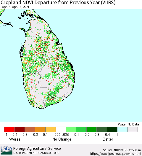 Sri Lanka Cropland NDVI Departure from Previous Year (VIIRS) Thematic Map For 4/11/2021 - 4/20/2021