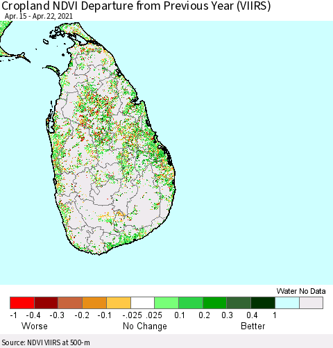 Sri Lanka Cropland NDVI Departure from Previous Year (VIIRS) Thematic Map For 4/15/2021 - 4/22/2021