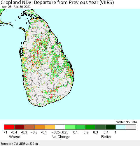 Sri Lanka Cropland NDVI Departure from Previous Year (VIIRS) Thematic Map For 4/21/2021 - 4/30/2021