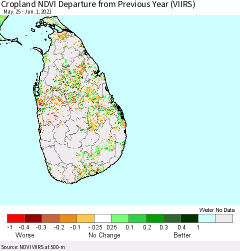 Sri Lanka Cropland NDVI Departure from Previous Year (VIIRS) Thematic Map For 5/25/2021 - 6/1/2021
