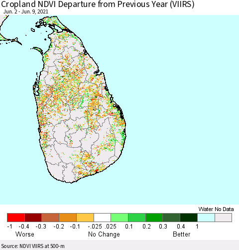 Sri Lanka Cropland NDVI Departure from Previous Year (VIIRS) Thematic Map For 6/2/2021 - 6/9/2021