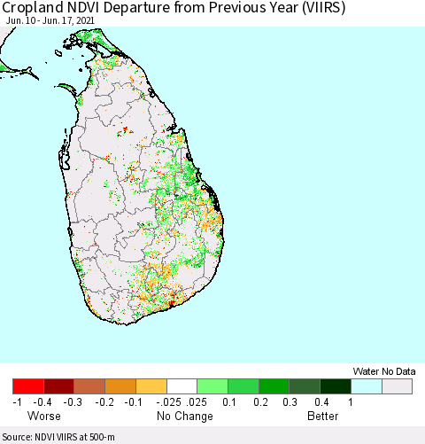 Sri Lanka Cropland NDVI Departure from Previous Year (VIIRS) Thematic Map For 6/10/2021 - 6/17/2021