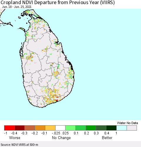 Sri Lanka Cropland NDVI Departure from Previous Year (VIIRS) Thematic Map For 6/18/2021 - 6/25/2021