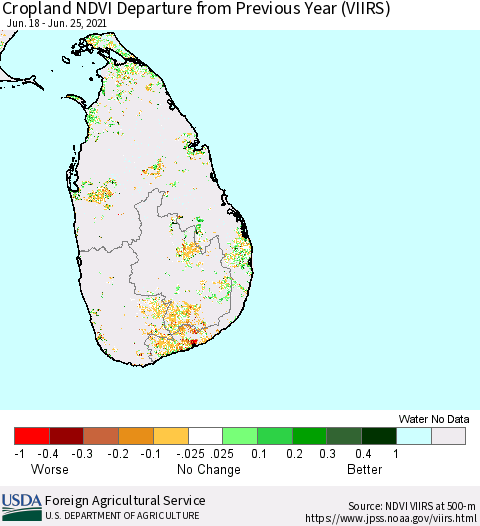 Sri Lanka Cropland NDVI Departure from Previous Year (VIIRS) Thematic Map For 6/21/2021 - 6/30/2021