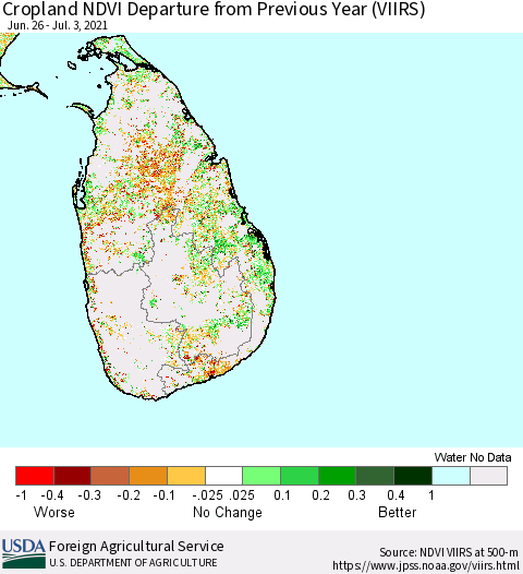 Sri Lanka Cropland NDVI Departure from Previous Year (VIIRS) Thematic Map For 7/1/2021 - 7/10/2021