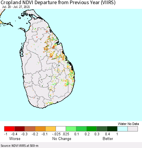 Sri Lanka Cropland NDVI Departure from Previous Year (VIIRS) Thematic Map For 7/20/2021 - 7/27/2021