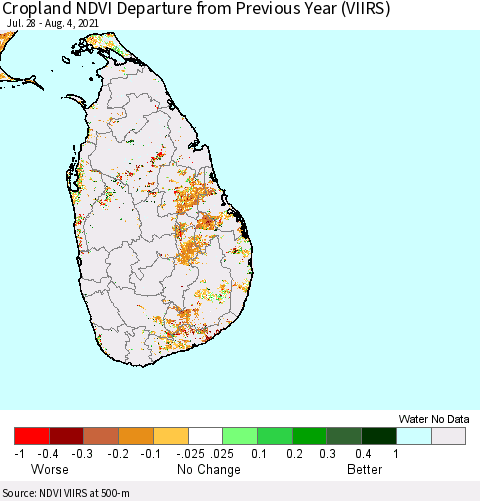 Sri Lanka Cropland NDVI Departure from Previous Year (VIIRS) Thematic Map For 7/28/2021 - 8/4/2021