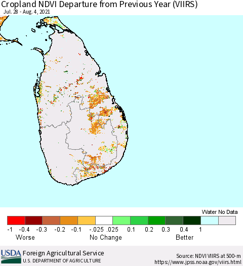 Sri Lanka Cropland NDVI Departure from Previous Year (VIIRS) Thematic Map For 8/1/2021 - 8/10/2021