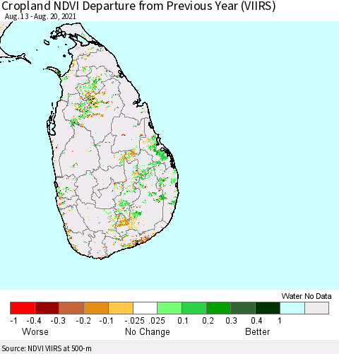 Sri Lanka Cropland NDVI Departure from Previous Year (VIIRS) Thematic Map For 8/13/2021 - 8/20/2021