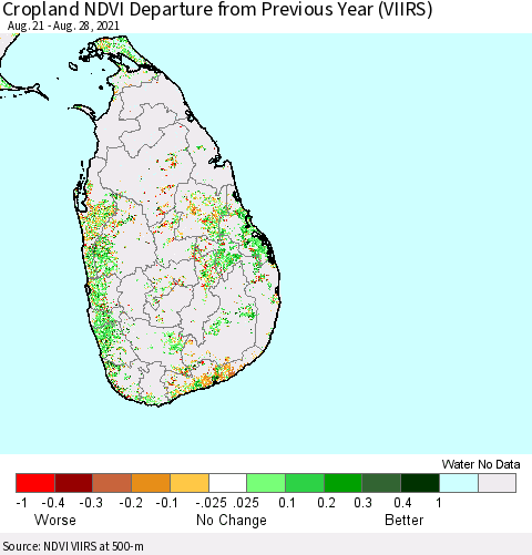 Sri Lanka Cropland NDVI Departure from Previous Year (VIIRS) Thematic Map For 8/21/2021 - 8/28/2021