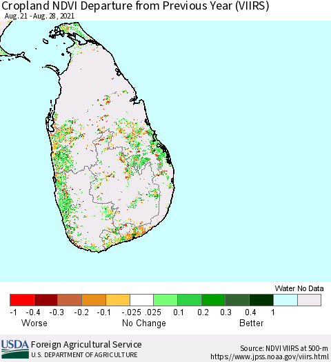 Sri Lanka Cropland NDVI Departure from Previous Year (VIIRS) Thematic Map For 8/21/2021 - 8/31/2021