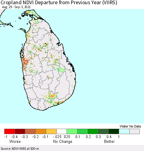 Sri Lanka Cropland NDVI Departure from Previous Year (VIIRS) Thematic Map For 8/29/2021 - 9/5/2021