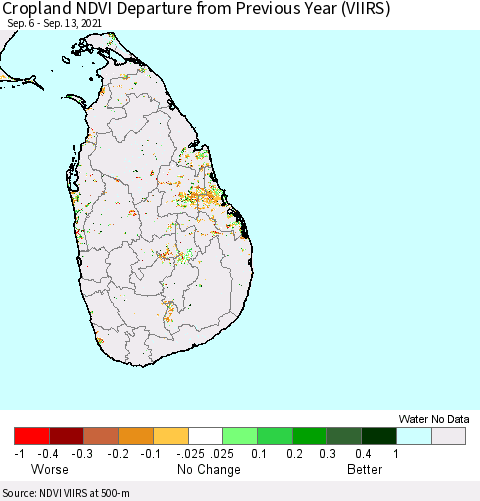 Sri Lanka Cropland NDVI Departure from Previous Year (VIIRS) Thematic Map For 9/6/2021 - 9/13/2021