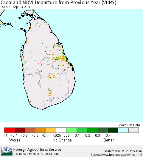 Sri Lanka Cropland NDVI Departure from Previous Year (VIIRS) Thematic Map For 9/11/2021 - 9/20/2021