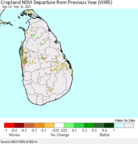 Sri Lanka Cropland NDVI Departure from Previous Year (VIIRS) Thematic Map For 9/14/2021 - 9/21/2021