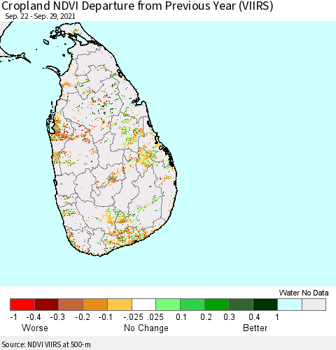 Sri Lanka Cropland NDVI Departure from Previous Year (VIIRS) Thematic Map For 9/22/2021 - 9/29/2021