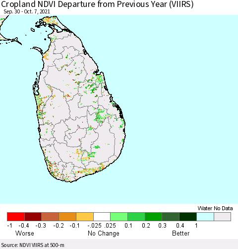 Sri Lanka Cropland NDVI Departure from Previous Year (VIIRS) Thematic Map For 9/30/2021 - 10/7/2021