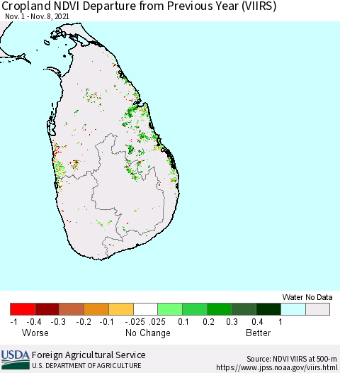 Sri Lanka Cropland NDVI Departure from Previous Year (VIIRS) Thematic Map For 11/1/2021 - 11/10/2021