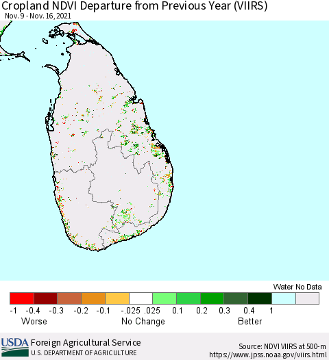 Sri Lanka Cropland NDVI Departure from Previous Year (VIIRS) Thematic Map For 11/11/2021 - 11/20/2021