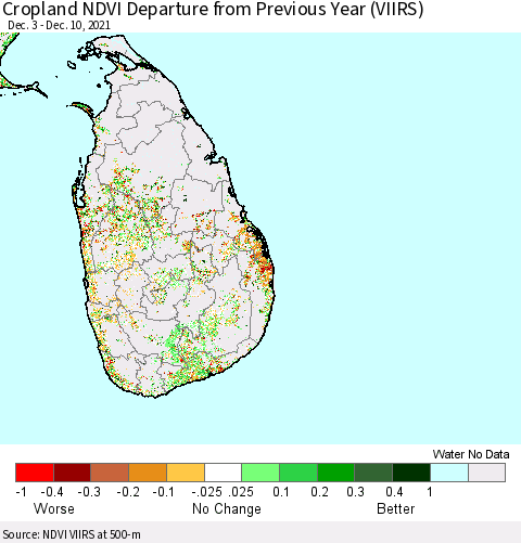 Sri Lanka Cropland NDVI Departure from Previous Year (VIIRS) Thematic Map For 12/1/2021 - 12/10/2021