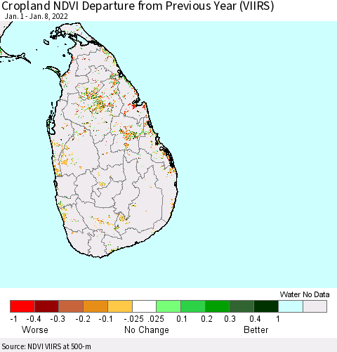 Sri Lanka Cropland NDVI Departure from Previous Year (VIIRS) Thematic Map For 1/1/2022 - 1/8/2022