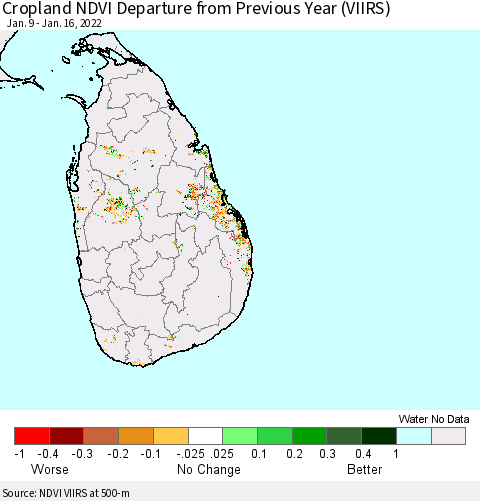 Sri Lanka Cropland NDVI Departure from Previous Year (VIIRS) Thematic Map For 1/9/2022 - 1/16/2022