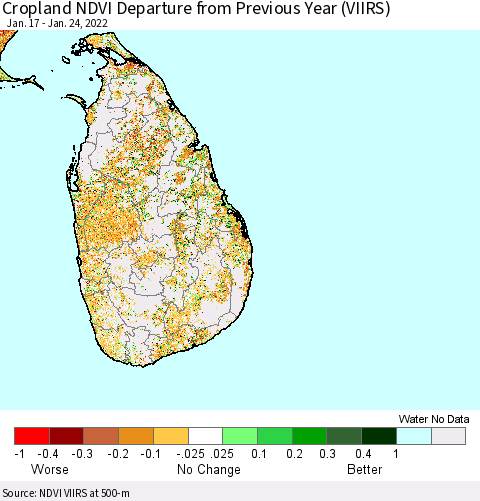 Sri Lanka Cropland NDVI Departure from Previous Year (VIIRS) Thematic Map For 1/17/2022 - 1/24/2022
