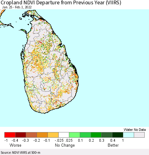 Sri Lanka Cropland NDVI Departure from Previous Year (VIIRS) Thematic Map For 1/25/2022 - 2/1/2022