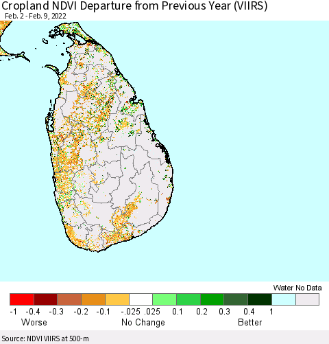 Sri Lanka Cropland NDVI Departure from Previous Year (VIIRS) Thematic Map For 2/2/2022 - 2/9/2022
