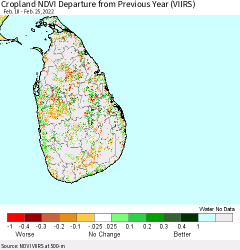 Sri Lanka Cropland NDVI Departure from Previous Year (VIIRS) Thematic Map For 2/18/2022 - 2/25/2022
