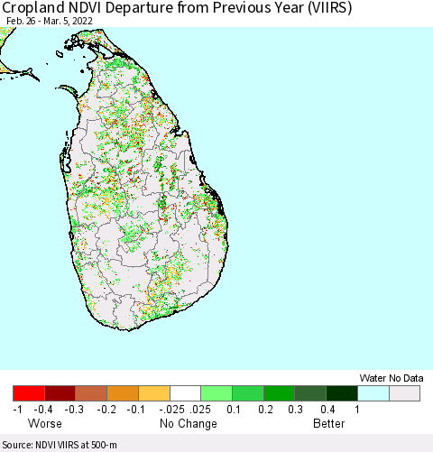 Sri Lanka Cropland NDVI Departure from Previous Year (VIIRS) Thematic Map For 2/26/2022 - 3/5/2022