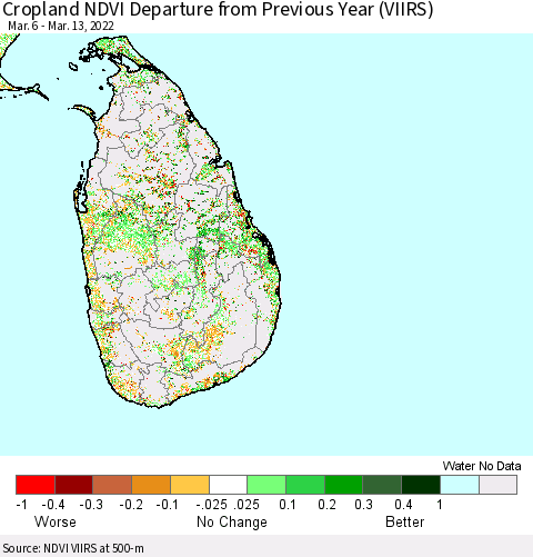 Sri Lanka Cropland NDVI Departure from Previous Year (VIIRS) Thematic Map For 3/6/2022 - 3/13/2022