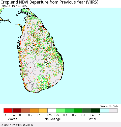 Sri Lanka Cropland NDVI Departure from Previous Year (VIIRS) Thematic Map For 3/14/2022 - 3/21/2022