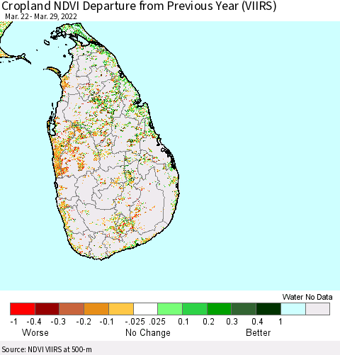 Sri Lanka Cropland NDVI Departure from Previous Year (VIIRS) Thematic Map For 3/22/2022 - 3/29/2022