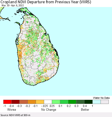 Sri Lanka Cropland NDVI Departure from Previous Year (VIIRS) Thematic Map For 3/30/2022 - 4/6/2022