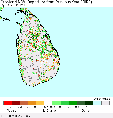 Sri Lanka Cropland NDVI Departure from Previous Year (VIIRS) Thematic Map For 4/15/2022 - 4/22/2022