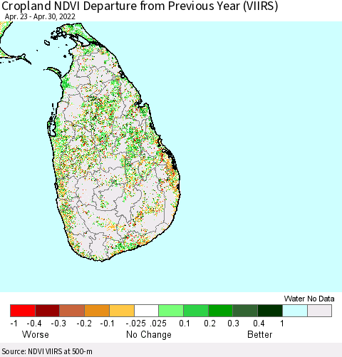 Sri Lanka Cropland NDVI Departure from Previous Year (VIIRS) Thematic Map For 4/23/2022 - 4/30/2022