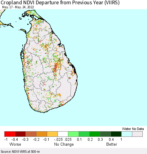 Sri Lanka Cropland NDVI Departure from Previous Year (VIIRS) Thematic Map For 5/17/2022 - 5/24/2022