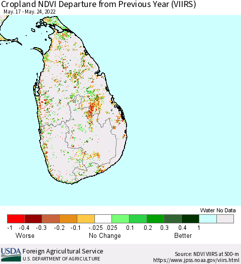 Sri Lanka Cropland NDVI Departure from Previous Year (VIIRS) Thematic Map For 5/21/2022 - 5/31/2022