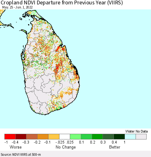 Sri Lanka Cropland NDVI Departure from Previous Year (VIIRS) Thematic Map For 5/25/2022 - 6/1/2022